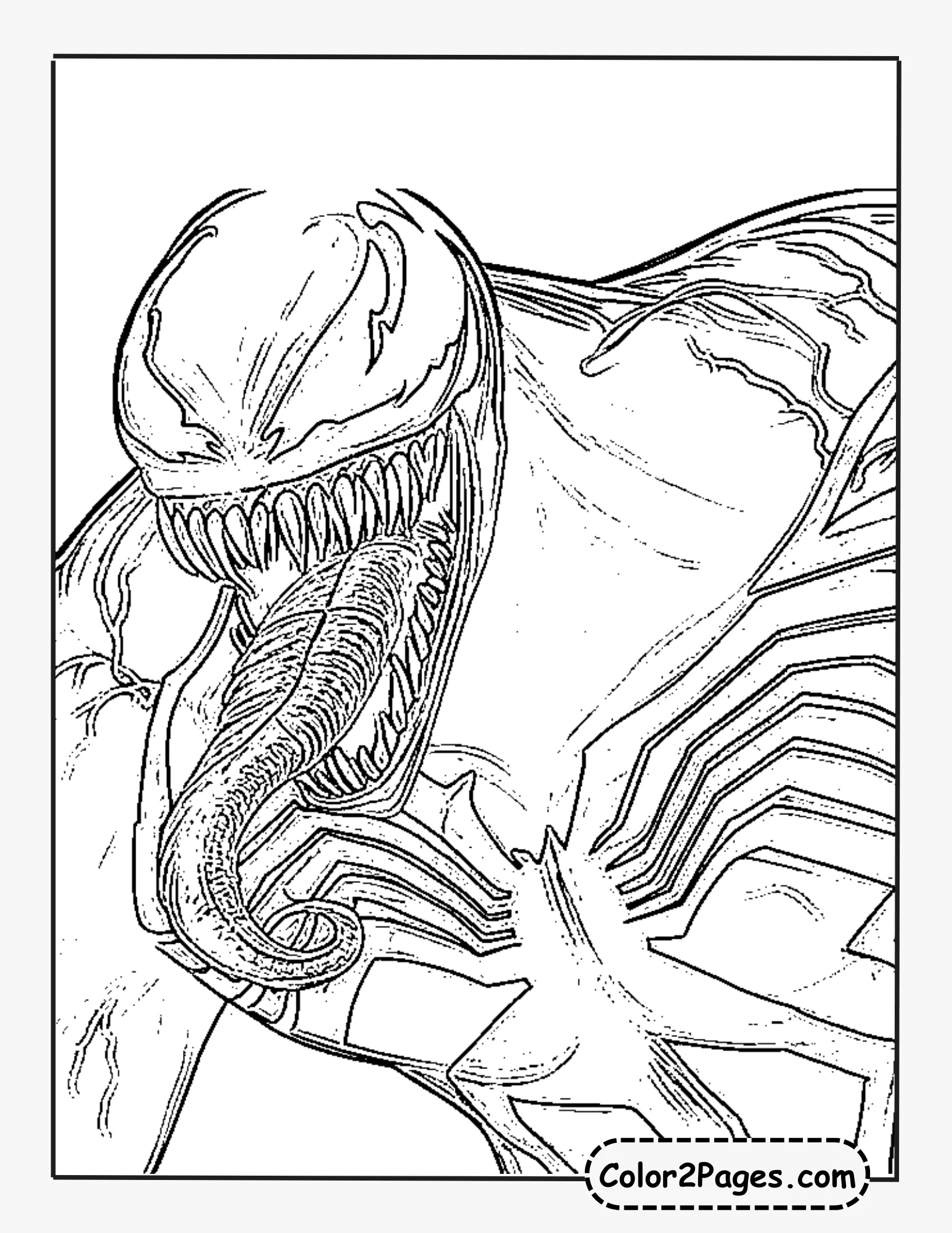 Venom head and upper body with tongue coloring pages