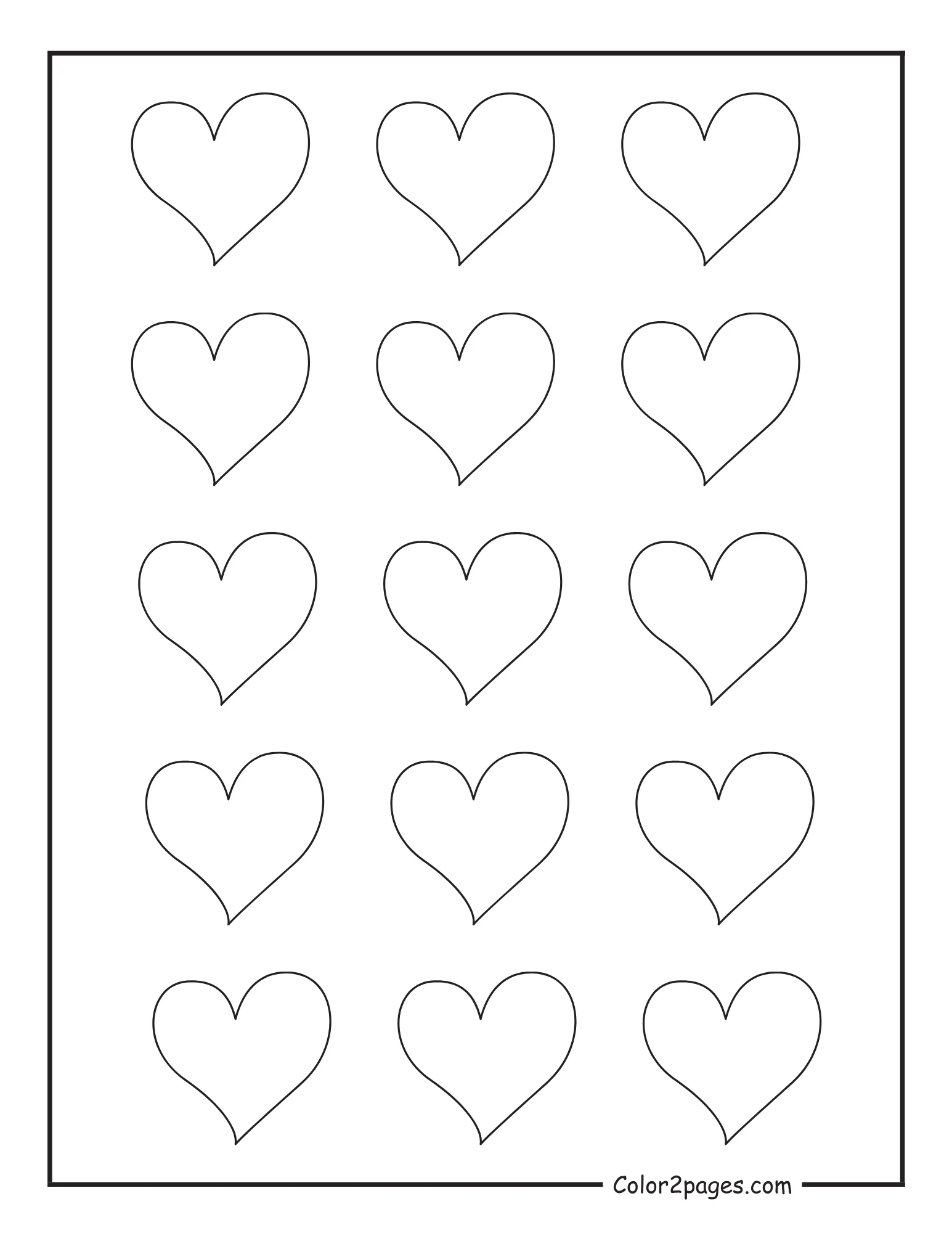 A printable coloring page featuring twelve identical heart shapes in black outline, arranged in four rows of three on a white background.