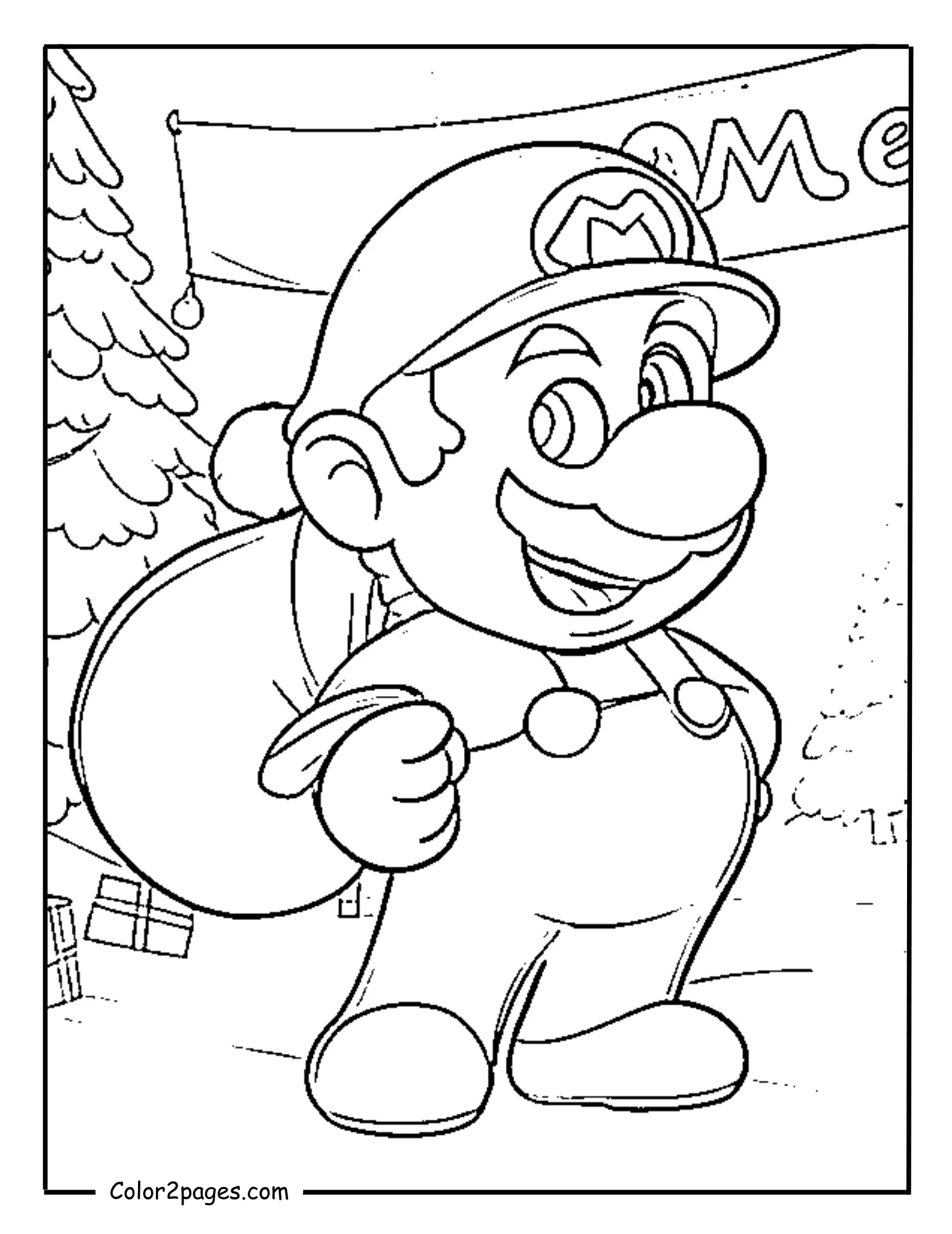 Mario Christmas coloring pages with Santa Mario in festive snowy scene.