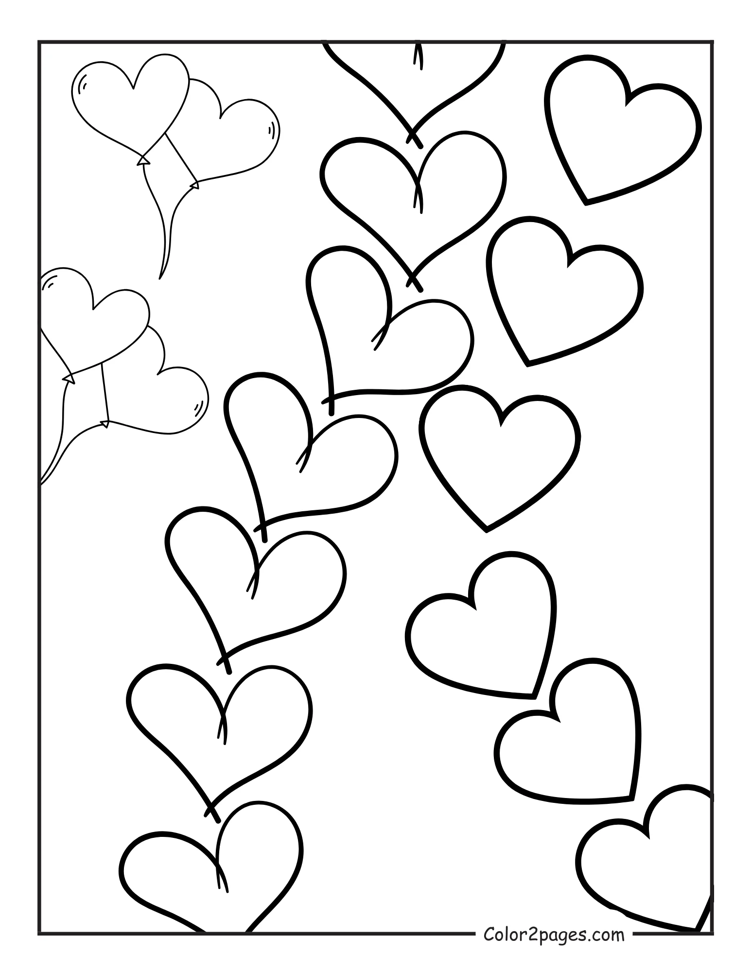 A black and white coloring page with various heart outlines, some overlapping, against a white background.