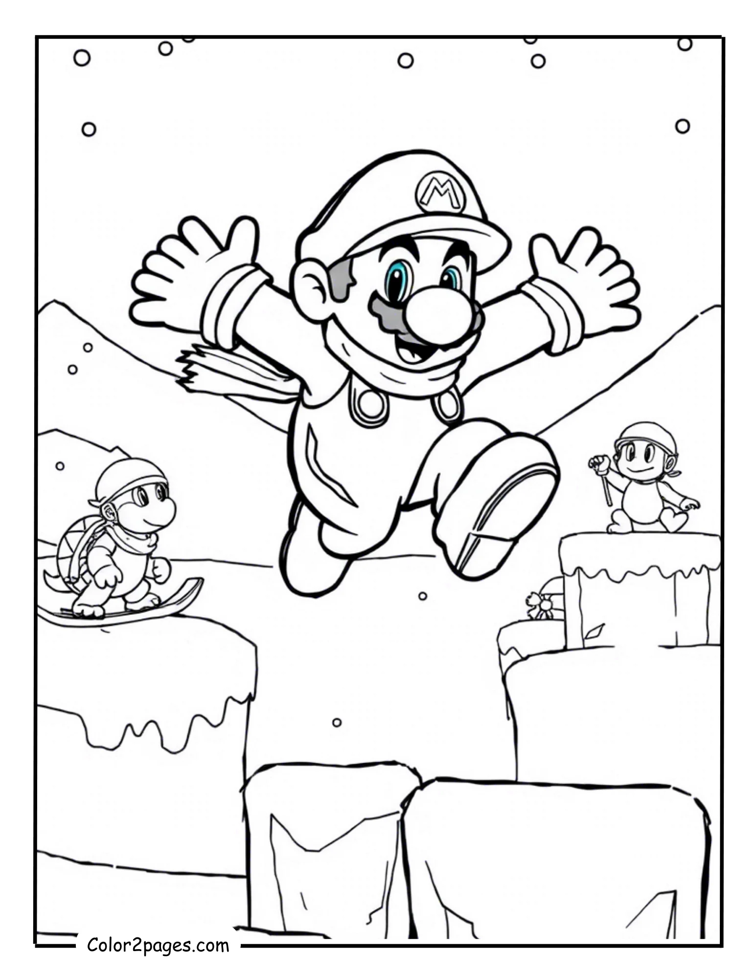 Mario Christmas coloring pages with Mario jumping in snowy world with Koopas and ice blocks.
