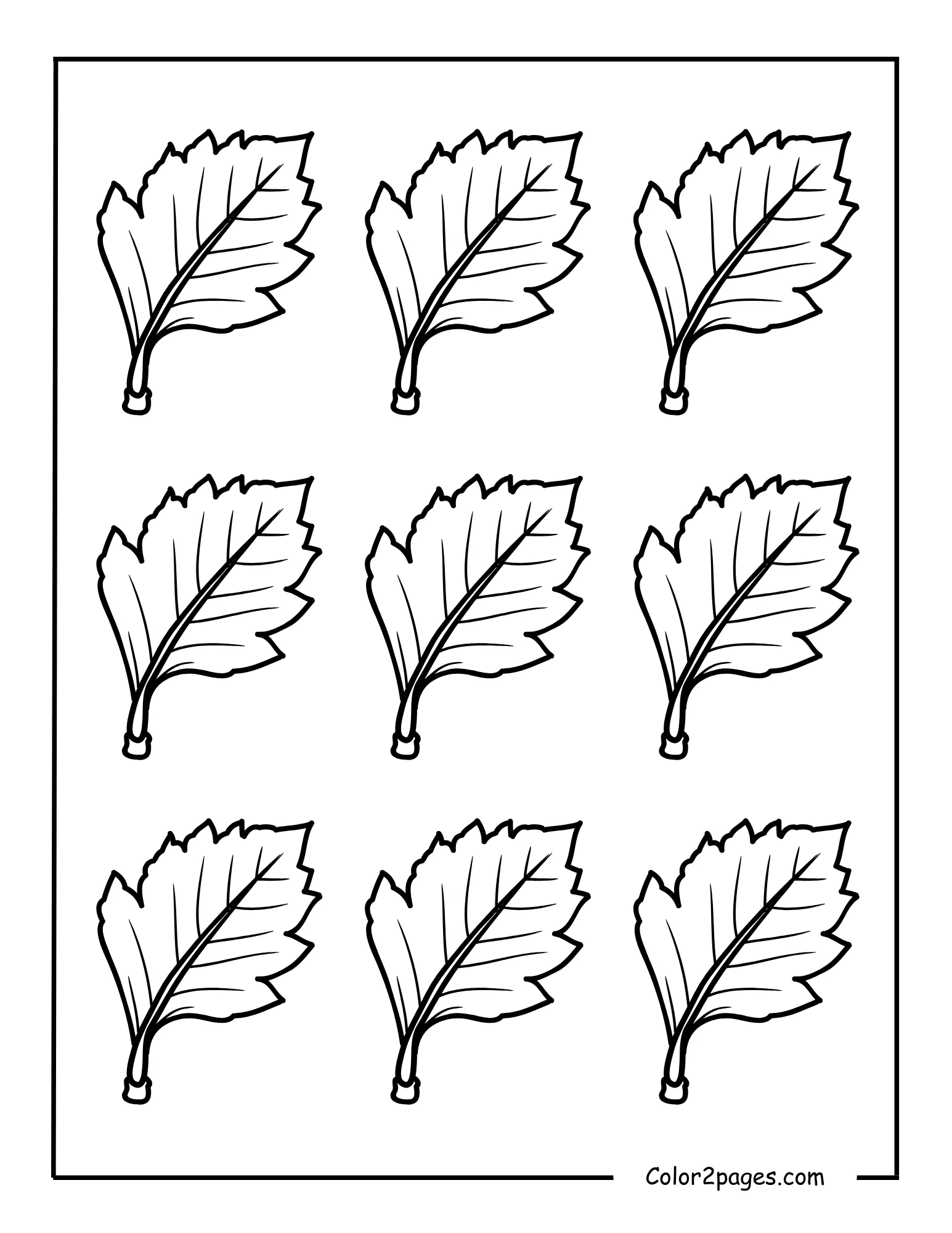 A black and white illustration presenting nine identical, cartoon-style fall leaves arranged in a grid, offering multiple simple leave coloring pages on one sheet.