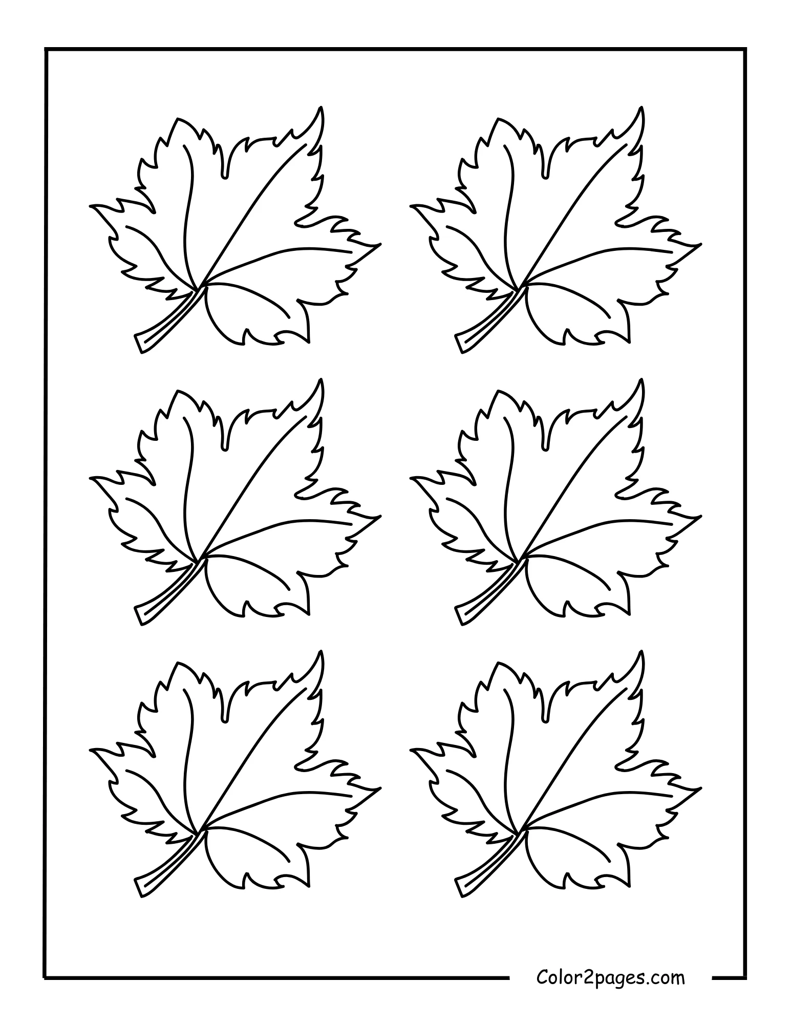 A black and white illustration showcasing six individual maple leaves with intricate outlines, perfect as a decorative leave coloring page for fall-themed art projects.
