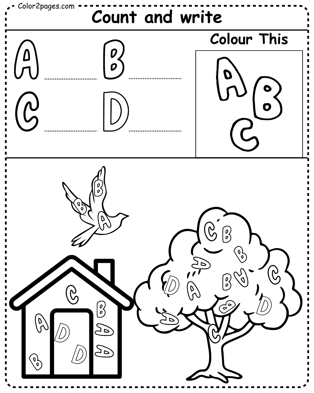 Fun activity page with letters hidden in a house, tree, and bird for kids to count and color.