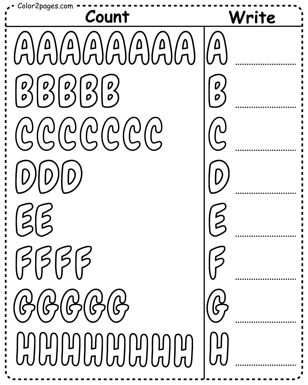 Alphabet counting worksheet where kids count letters A to H and write the numbers.