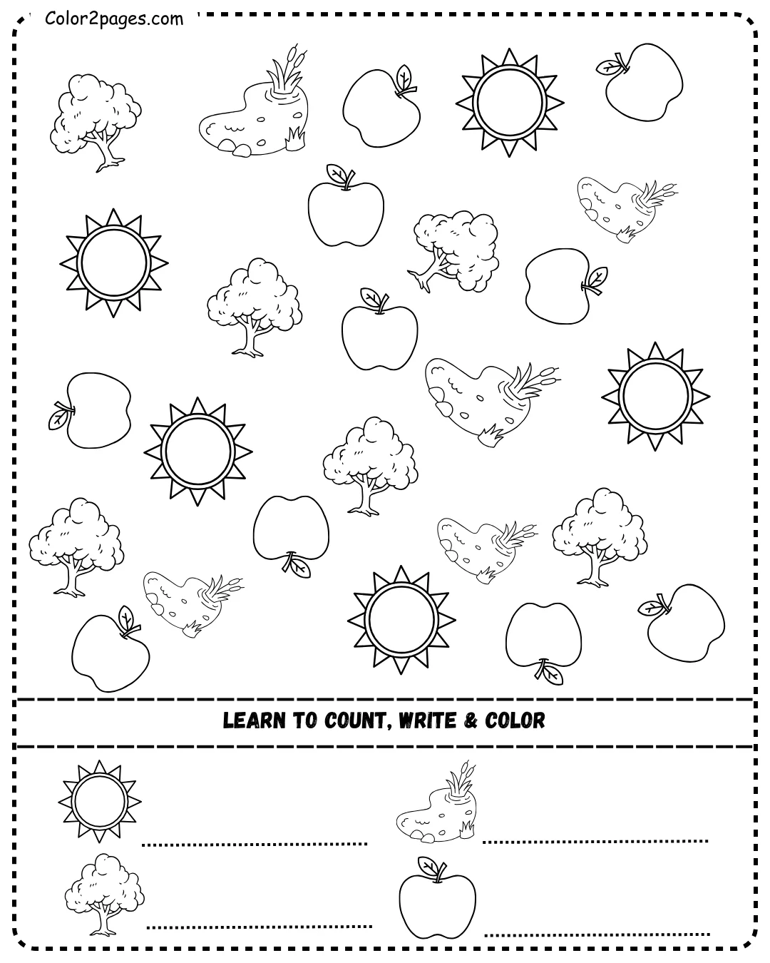 Learn to count, write, and color worksheet featuring trees, apples, suns, and ponds.