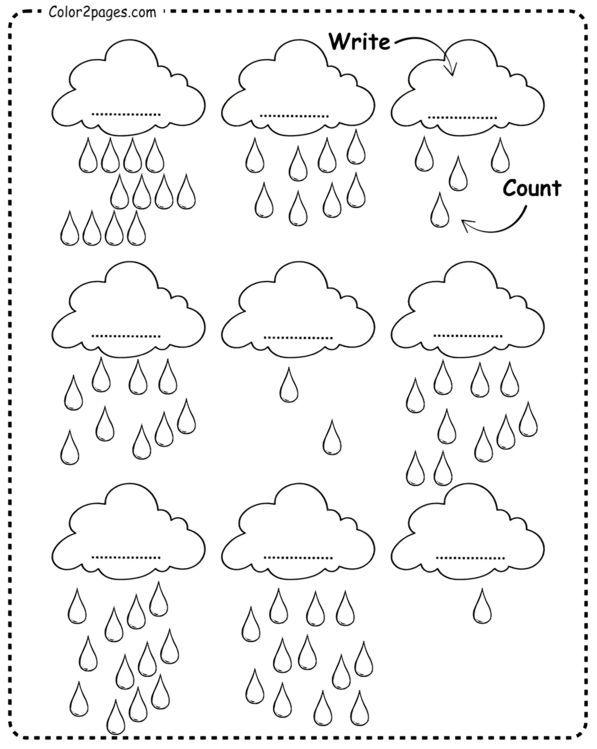 Printable worksheet with clouds and raindrops for kids to count and write numbers.