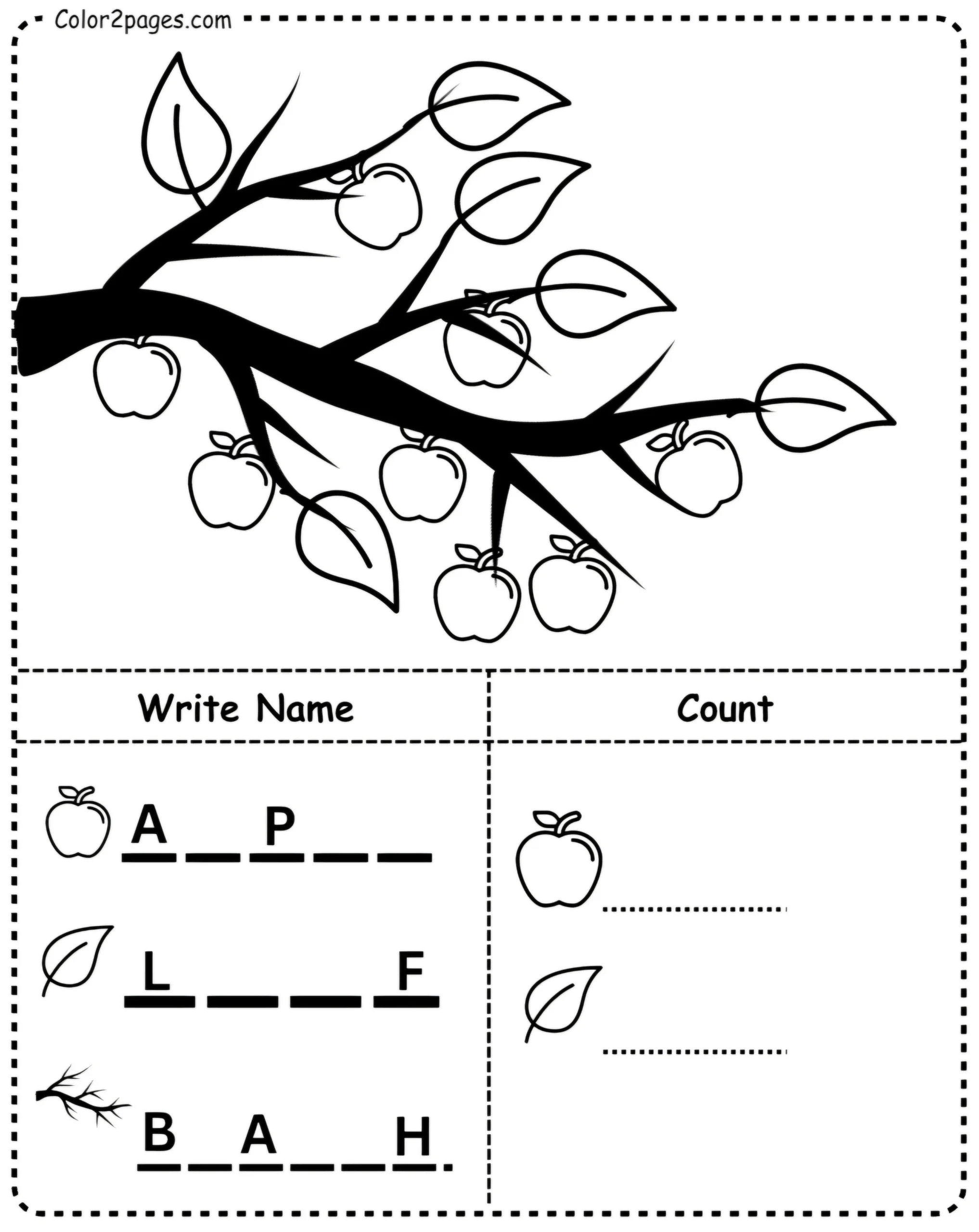 Apple tree worksheet where kids complete words and count apples and leaves.