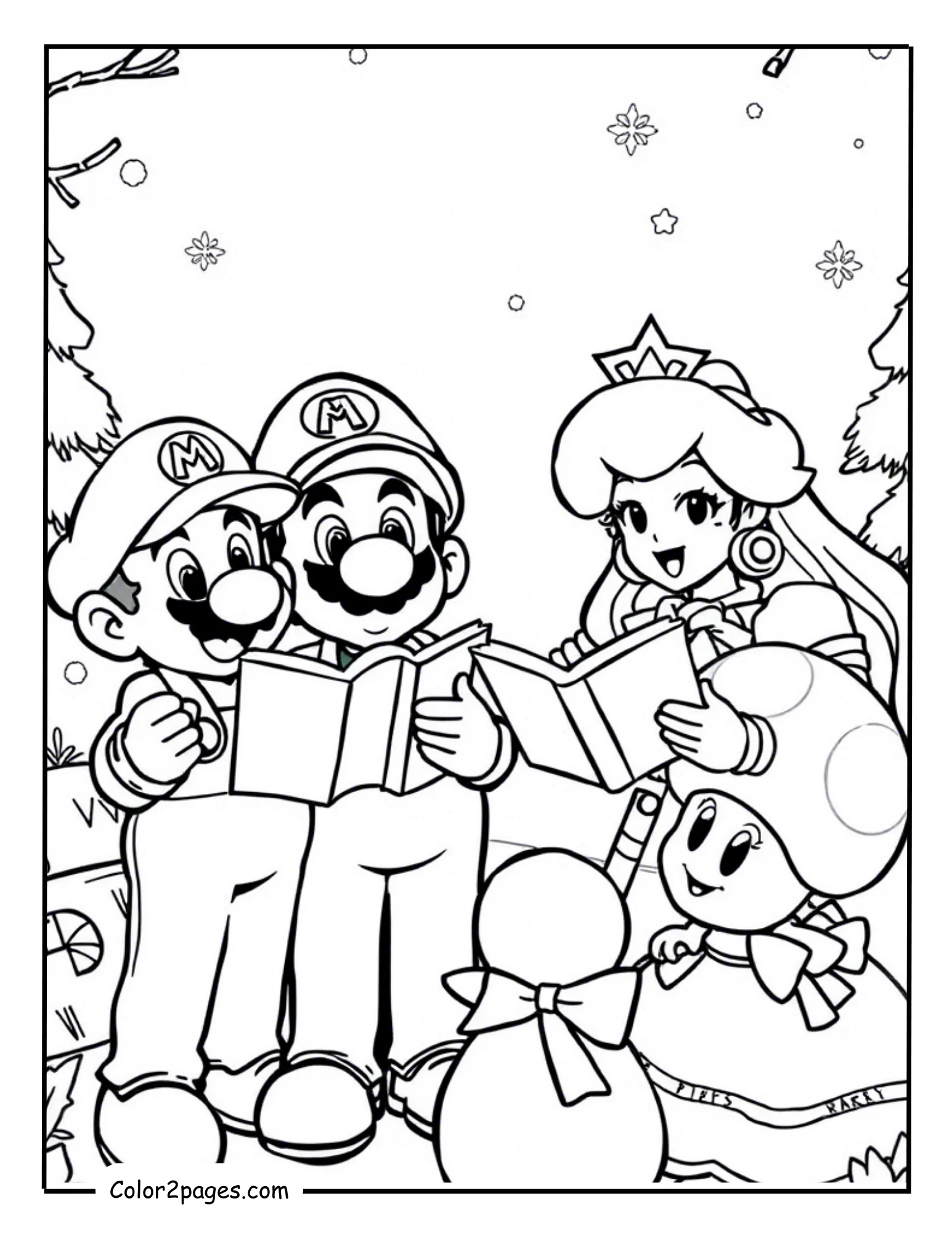 Mario Christmas coloring pages with Mario, Luigi, Peach, and Toad singing carols in festive outfits.