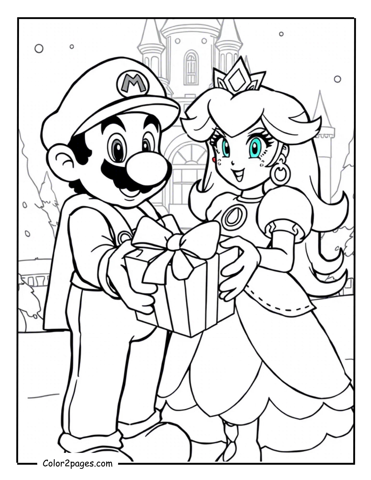 Mario Christmas coloring pages with Princess Peach giving Mario a holiday gift.