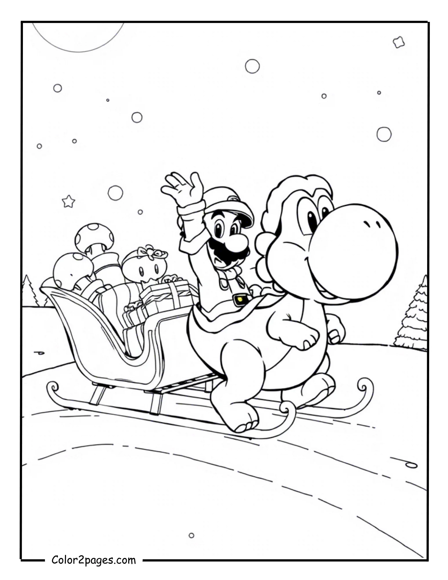 Mario Christmas coloring pages with Yoshi pulling sleigh of Santa Mario full of gifts.