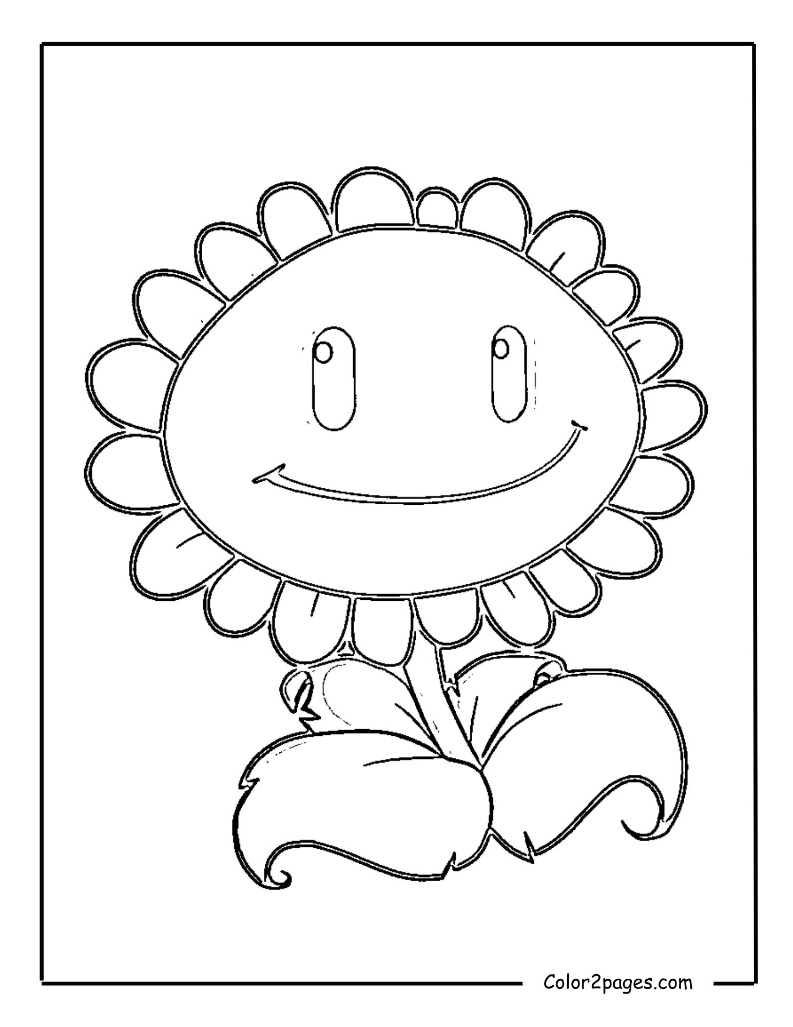 Sunflower, the sun-producing plant from Plants vs. Zombies, a bright free coloring page.