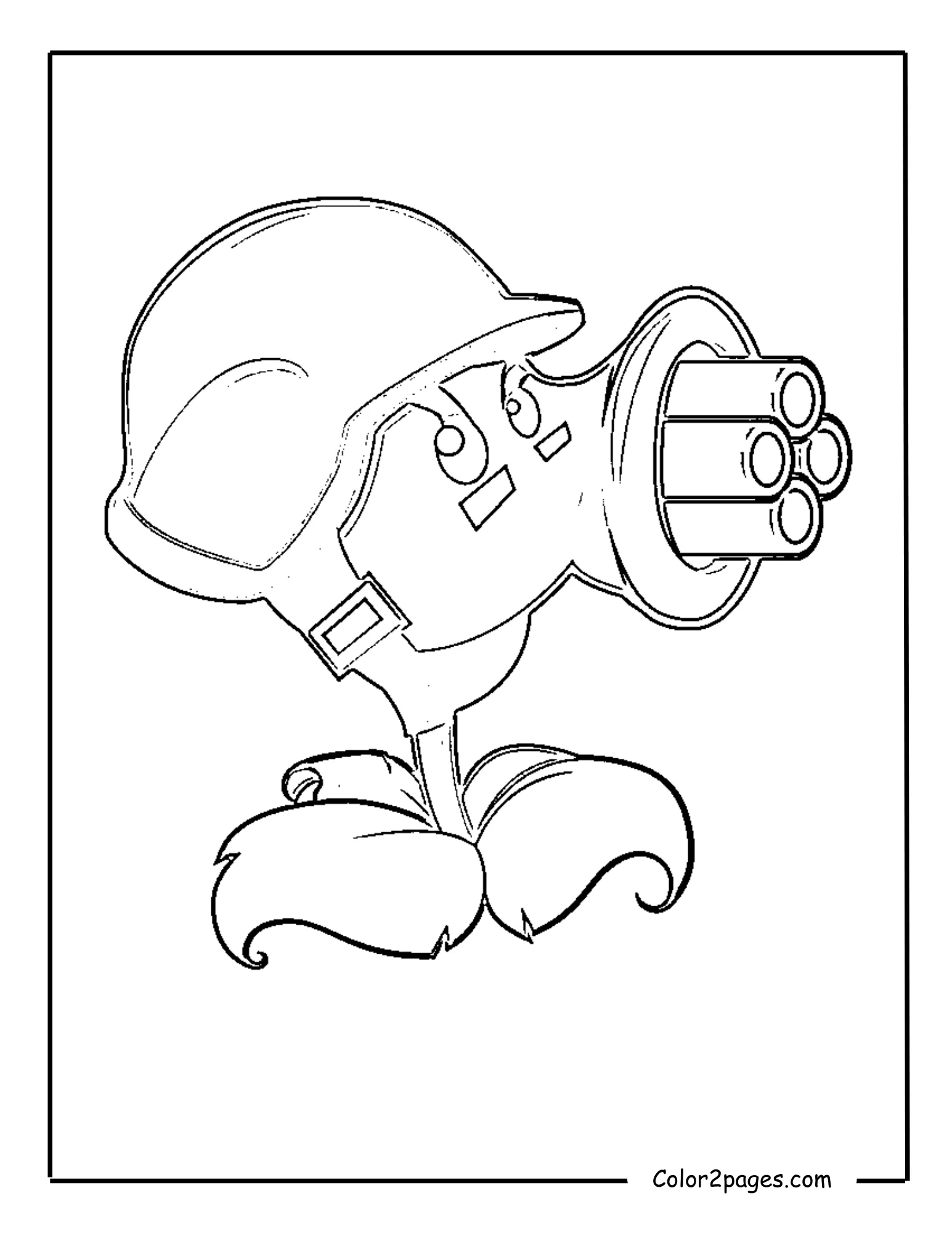 Gatling Pea, the rapid-fire plant from Plants vs. Zombies, a detailed free coloring page.