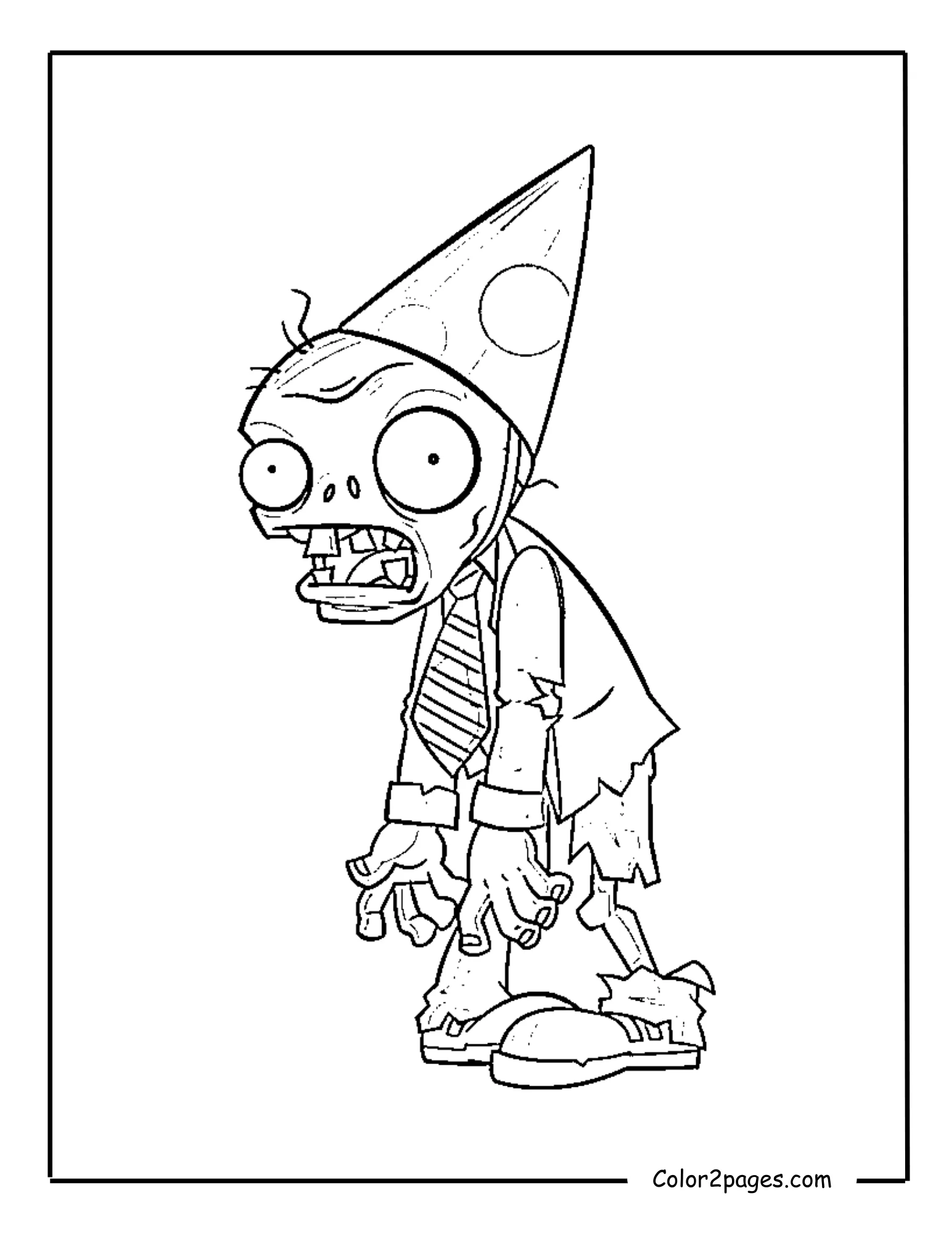 Basic Zombie wearing a party hat from Plants vs. Zombies, a simple and fun free coloring page.