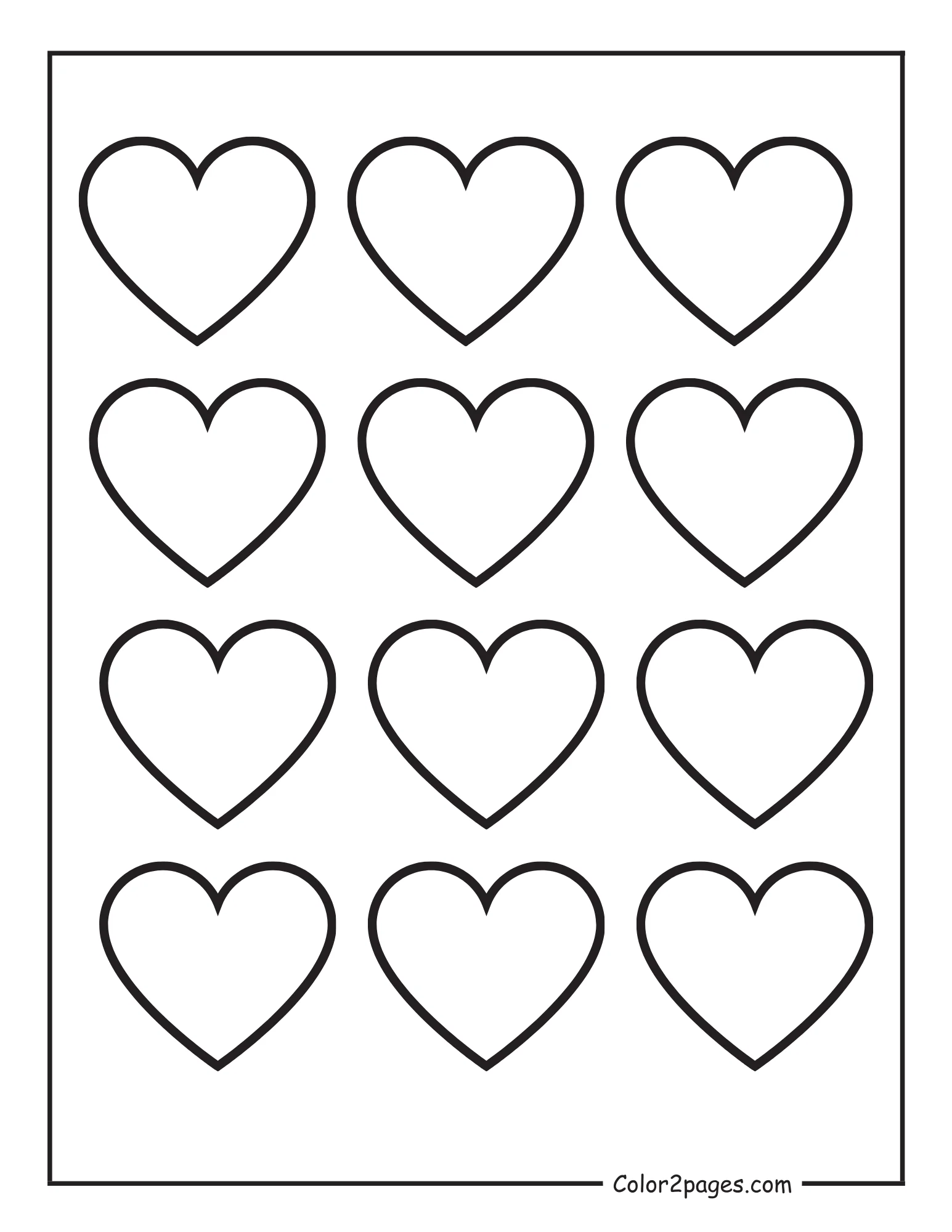 A black and white coloring page with twelve heart outlines arranged in a grid on a white background.