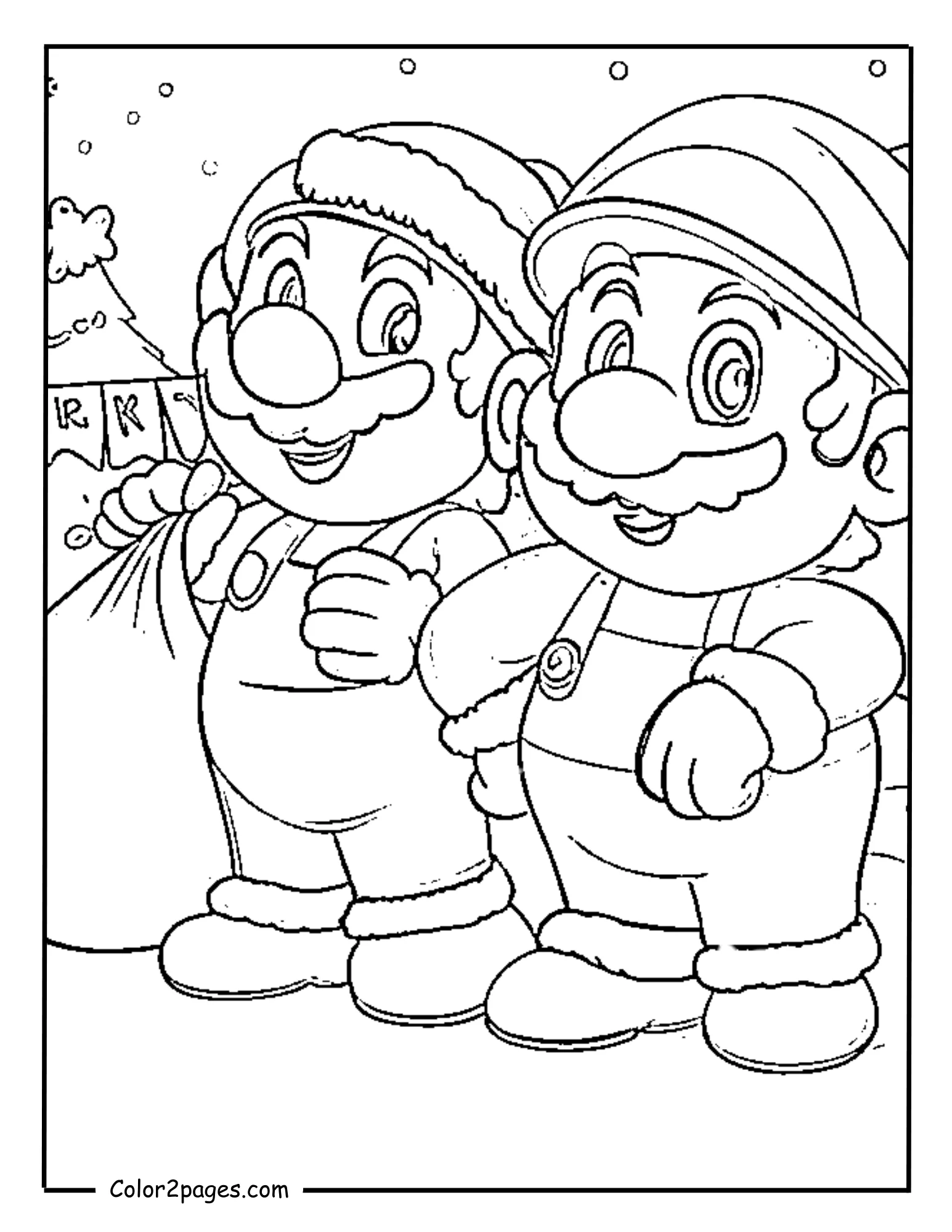 Mario Christmas coloring pages with Santa Mario in festive snowy scene.