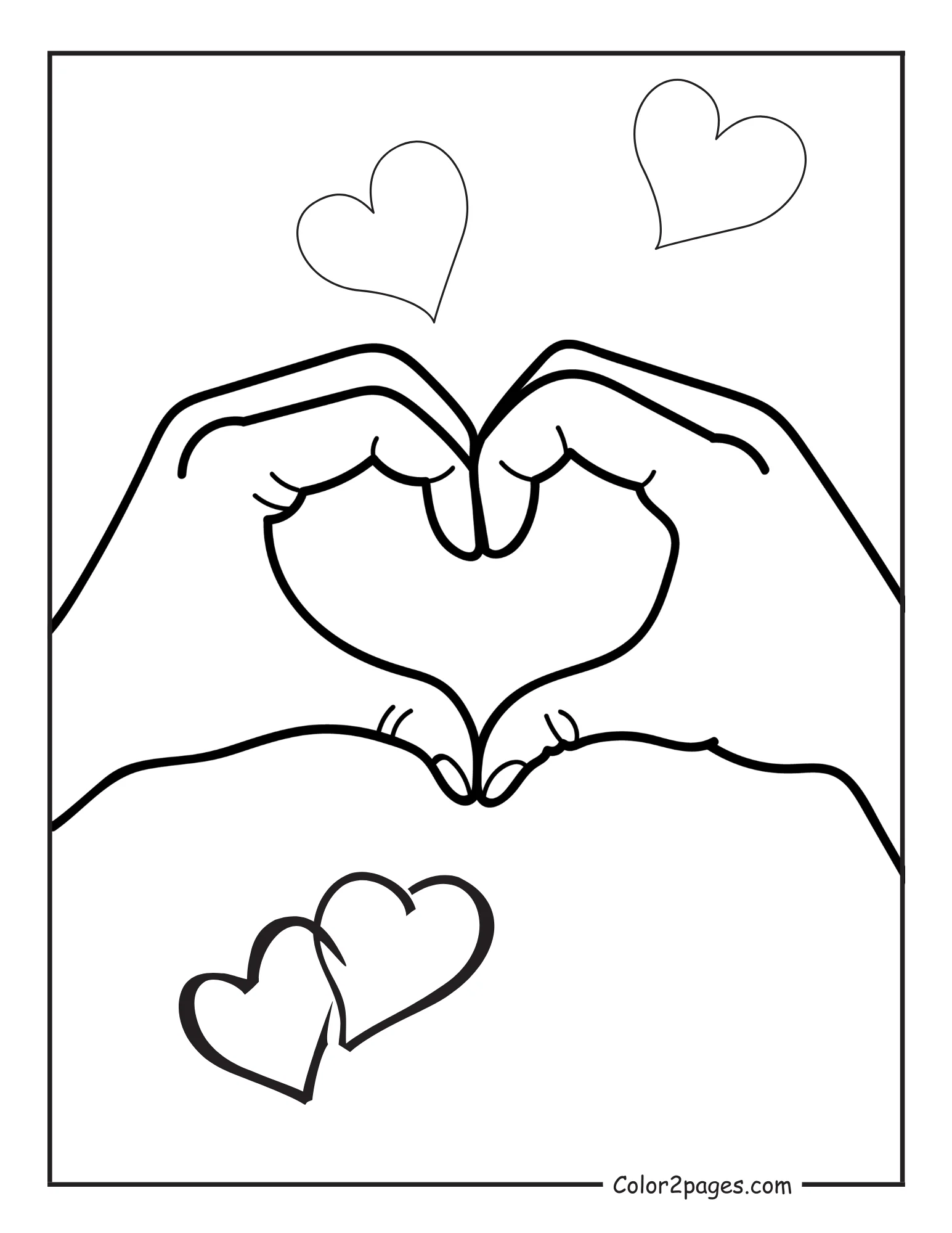 A black and white coloring page with two hands forming a heart shape, accompanied by two outlined hearts above and two connected hearts below.