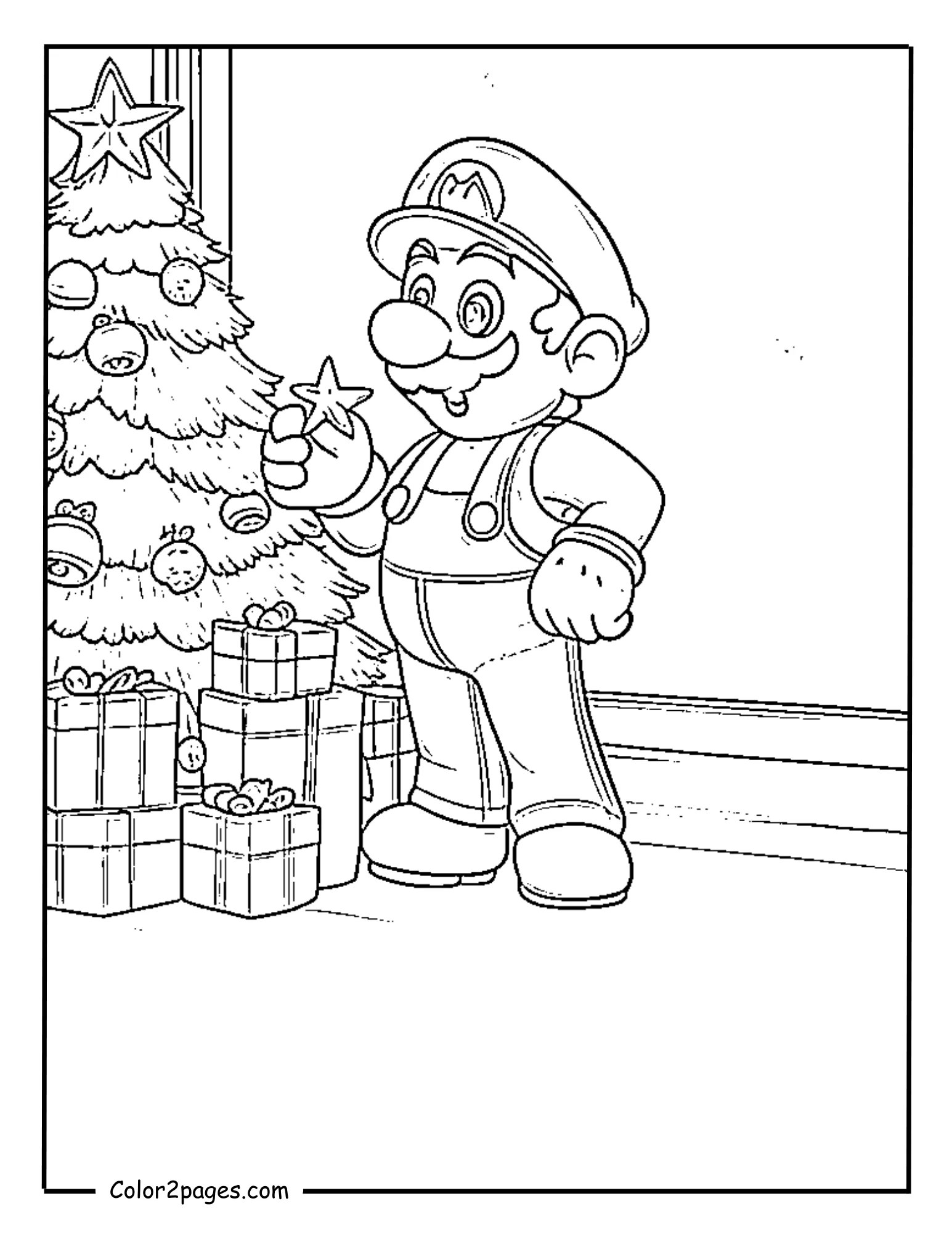 Mario Christmas coloring pages with Super Mario holding star by decorated tree in snow.