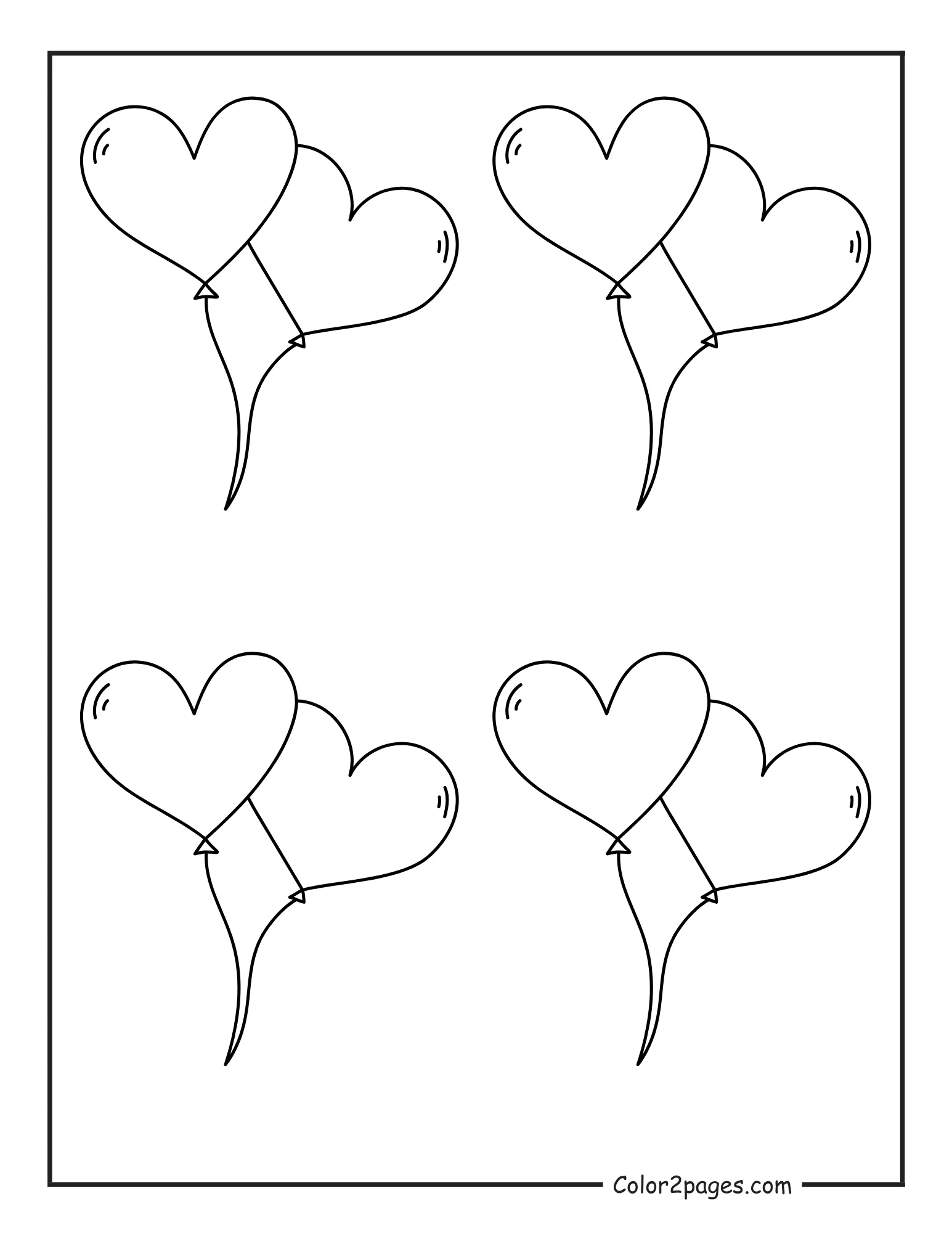 A black and white coloring page with four pairs of heart-shaped balloons arranged in a grid on a white background.