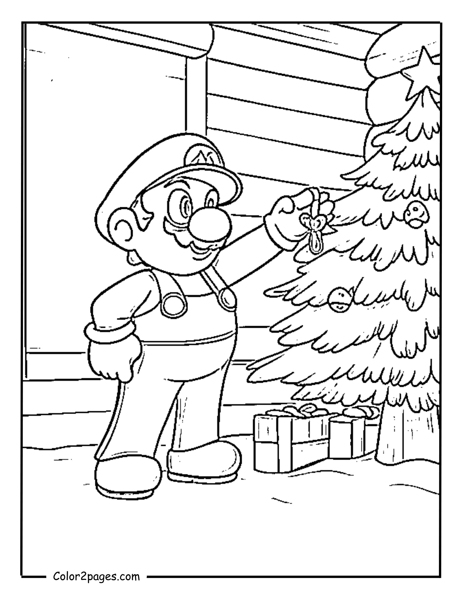 Mario Christmas coloring pages with Super Mario holding star by decorated tree in snow.