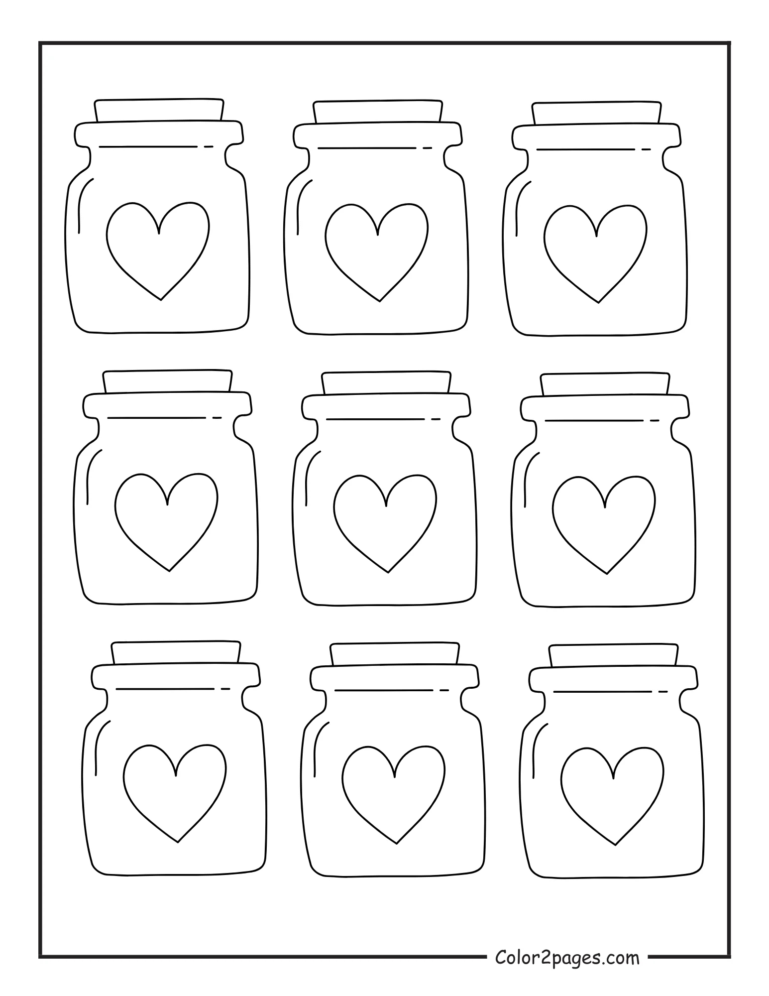 A black and white coloring page with nine jars, each containing a heart outline, arranged in a grid on a white background.