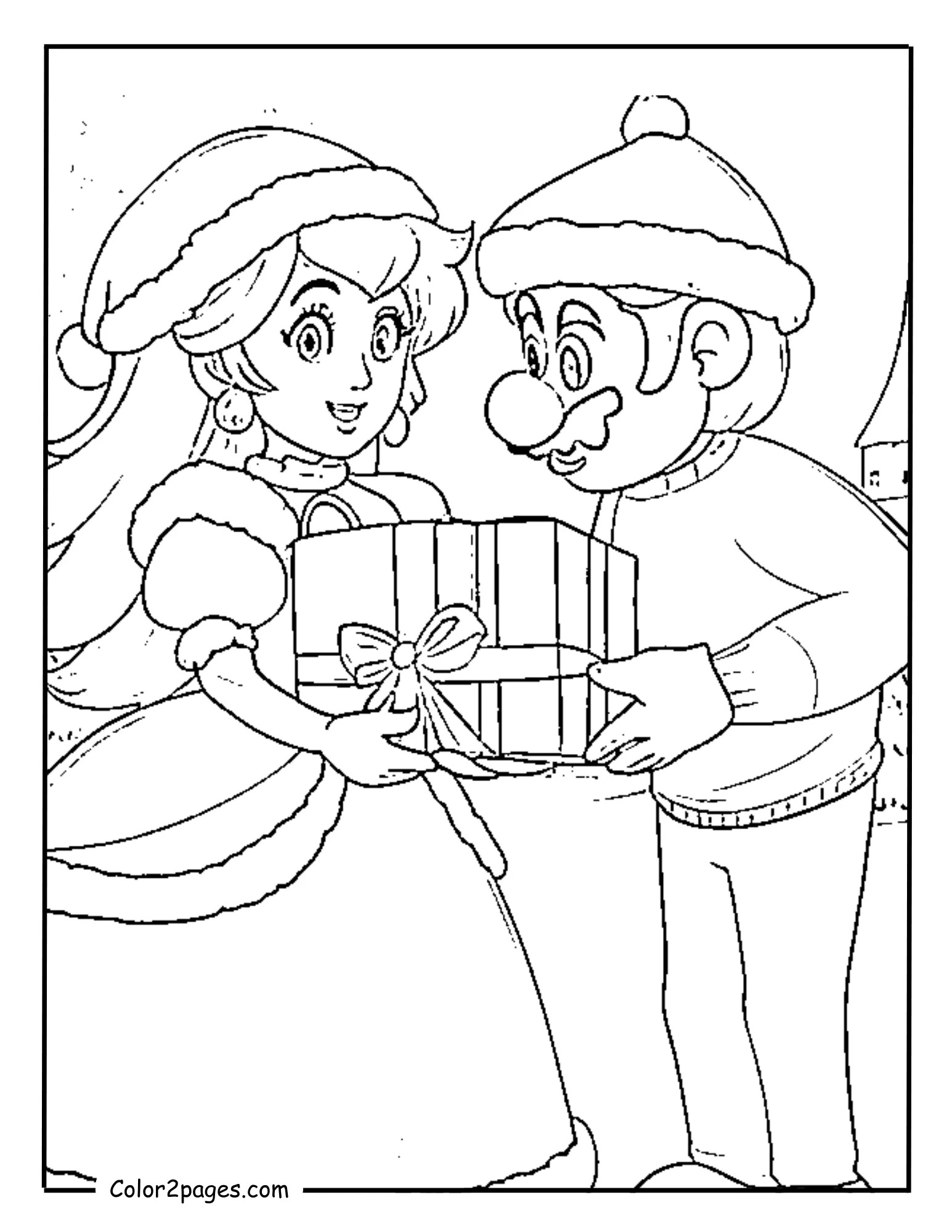 Mario Christmas coloring pages with Princess Peach giving Mario a holiday gift.