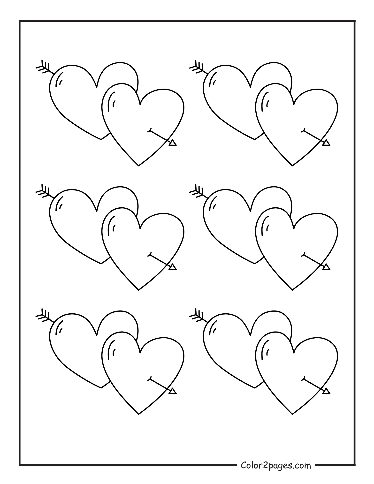 A black and white coloring page with six pairs of heart outlines, each pierced by an arrow, arranged in a grid pattern.