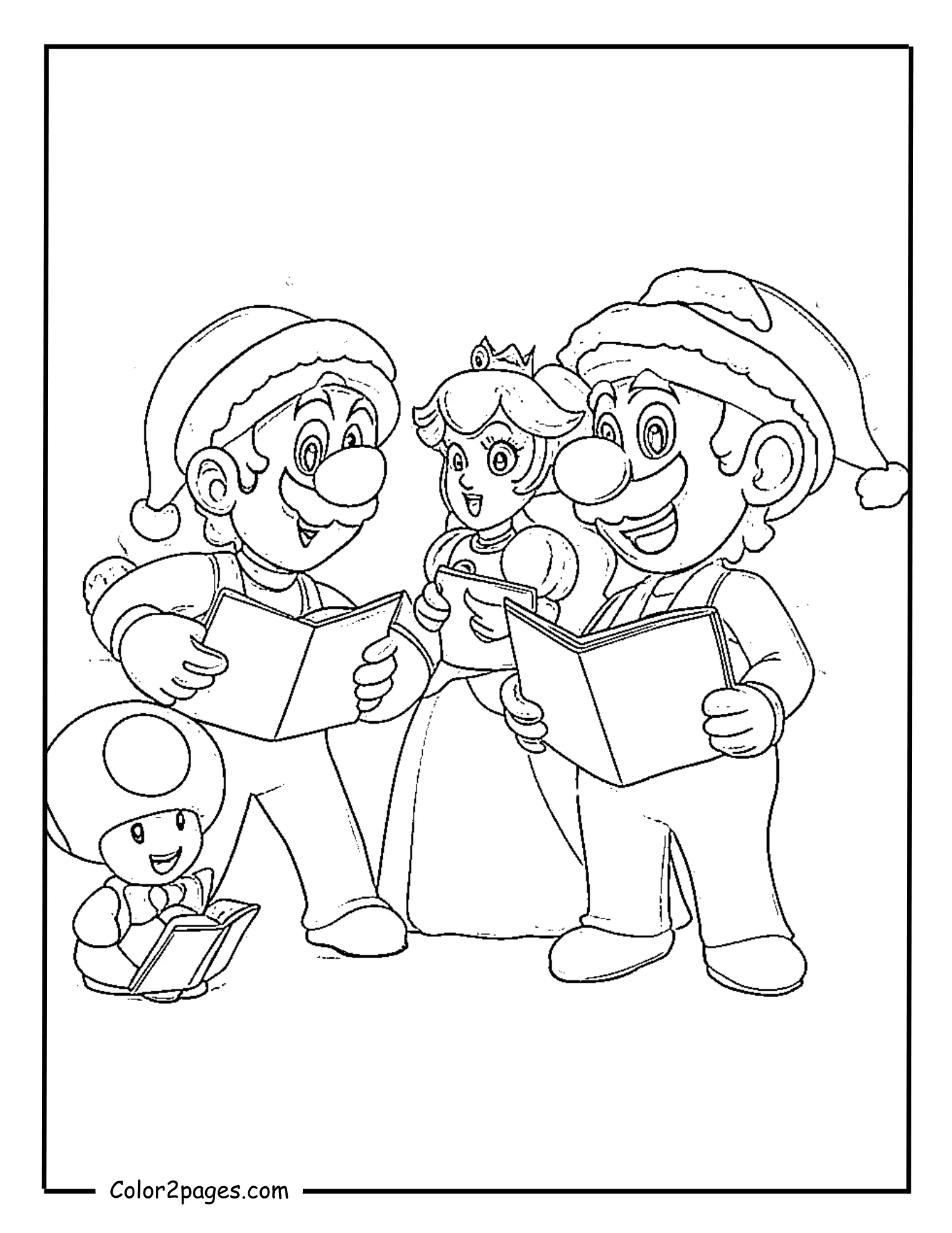 Mario Christmas coloring pages with Mario, Luigi, Peach, and Toad singing carols in festive outfits.