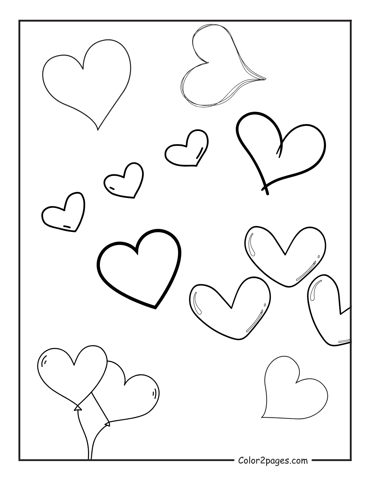 A black and white coloring page with various heart outlines of different sizes and styles scattered across a white background.