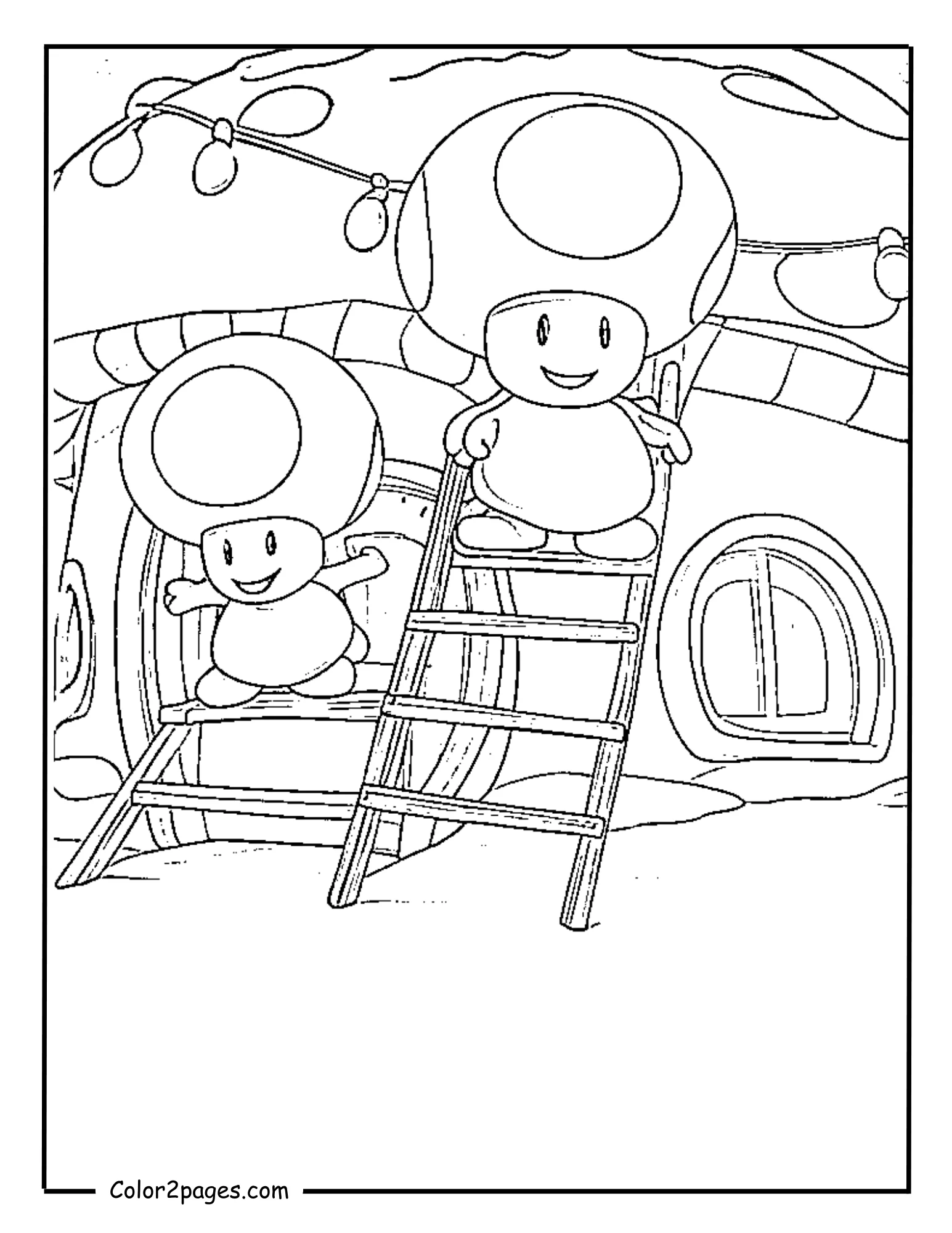 Mario Christmas coloring pages with Toad decorating mushroom house with lights.