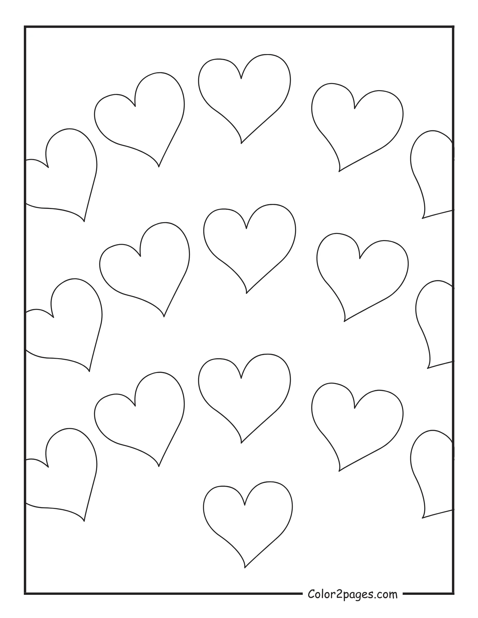 A black and white coloring page with heart outlines arranged in a circular pattern on a white background.