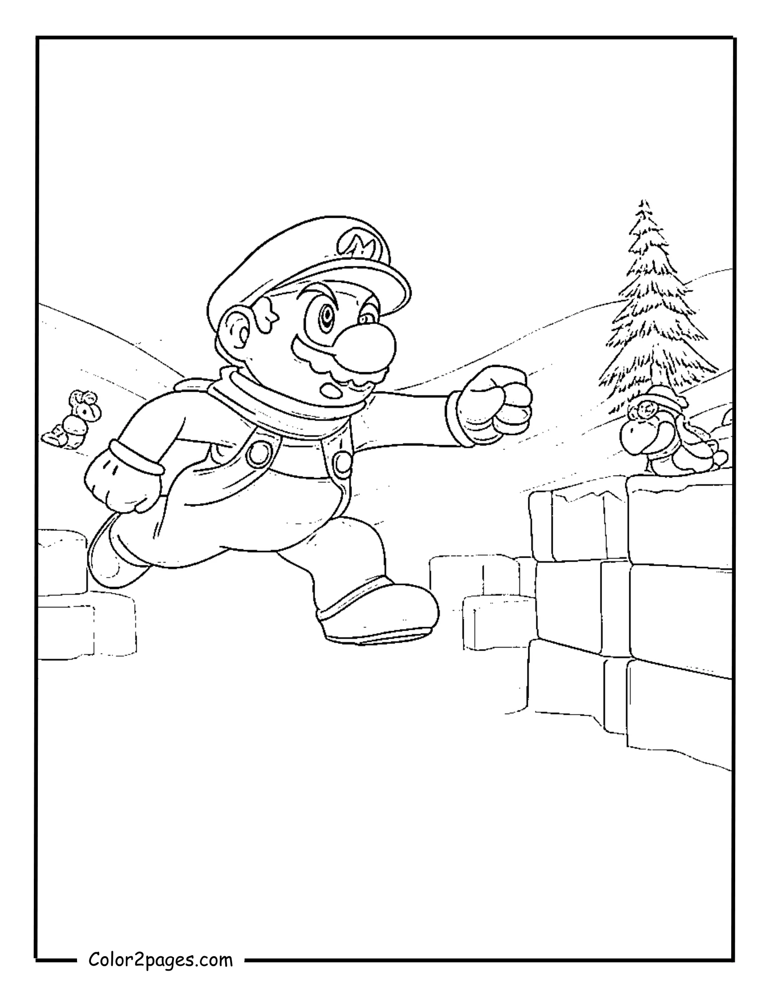 Mario Christmas coloring pages with Mario jumping in snowy world with Koopas and ice blocks.