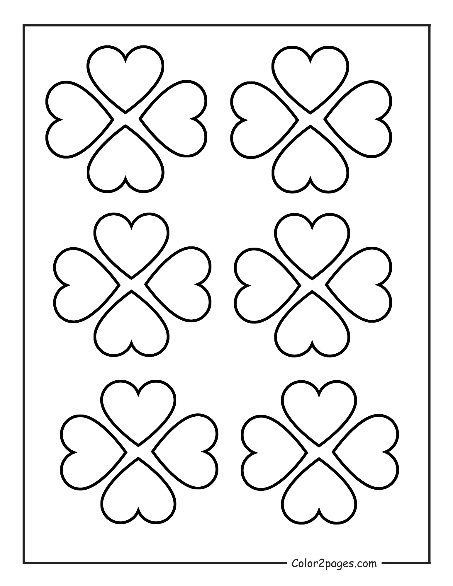 A black and white coloring page with six heart clover patterns arranged in a grid on a white background.