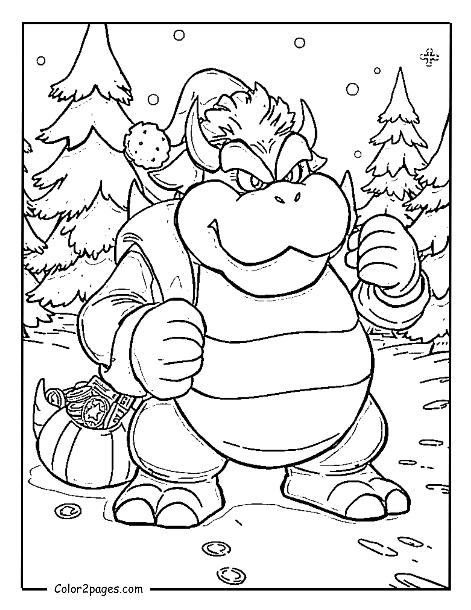Mario Christmas coloring pages with grumpy Santa Bowser holding power-up sack in snowy scene.